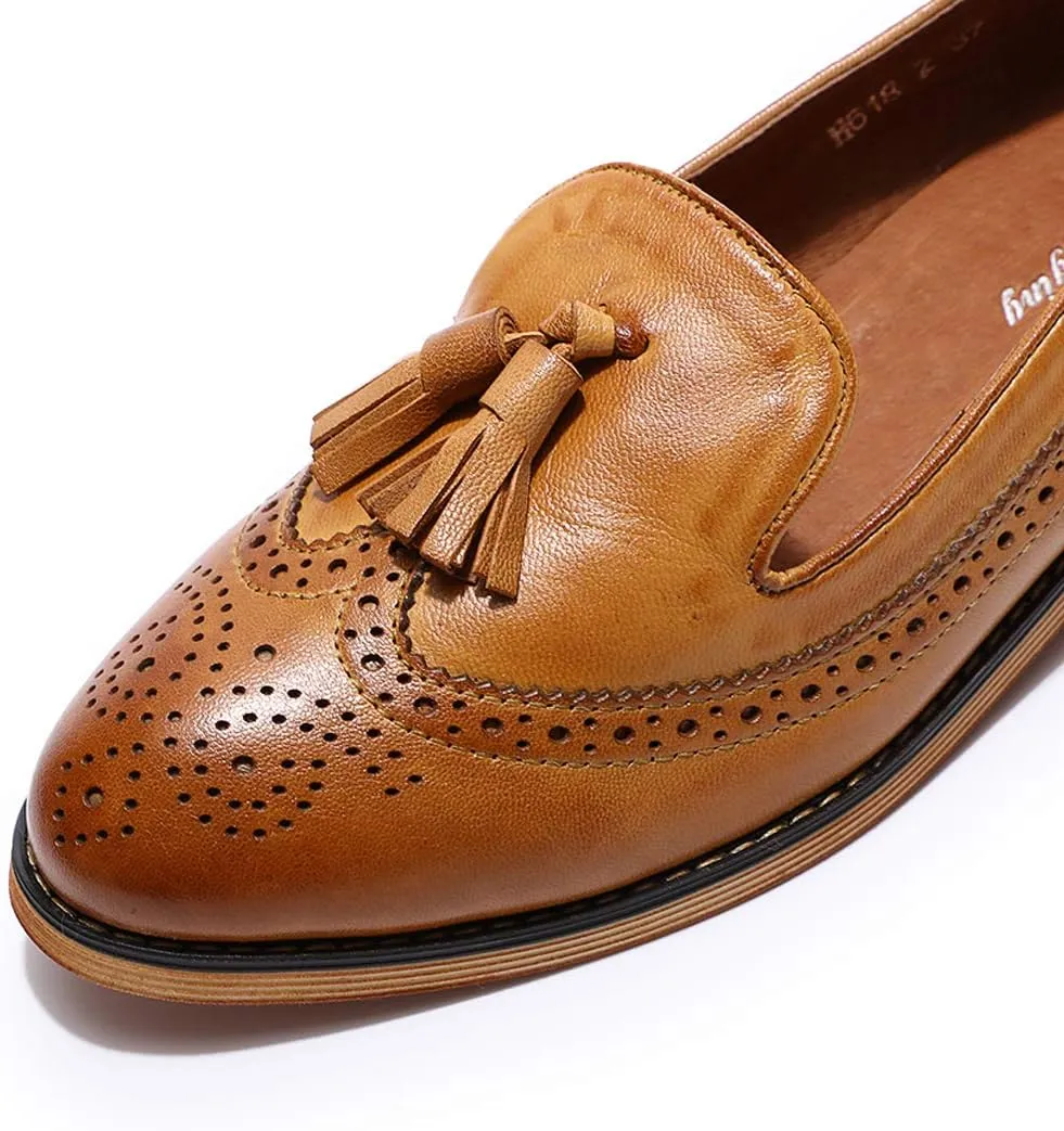 Mona flying Women's Leather Tassel Loafer Slip on Wingtip Brogue Dress Casual Flat Office Work Shoes for Ladies