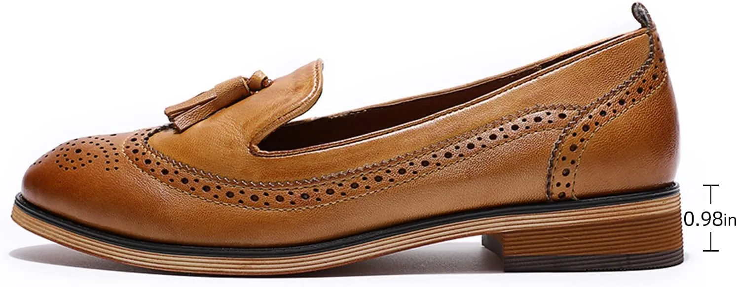 Mona flying Women's Leather Tassel Loafer Slip on Wingtip Brogue Dress Casual Flat Office Work Shoes for Ladies