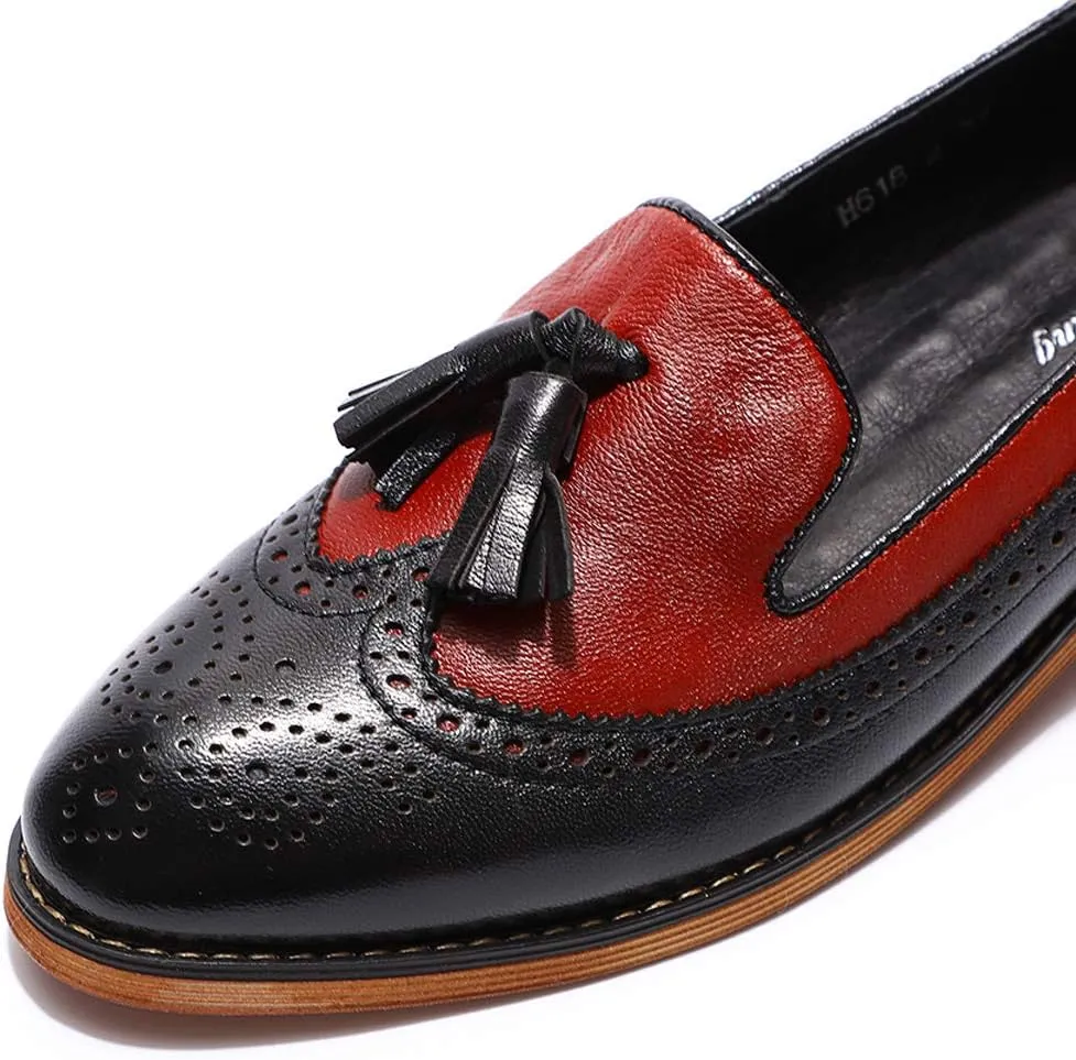 Mona flying Women's Leather Tassel Loafer Slip on Wingtip Brogue Dress Casual Flat Office Work Shoes for Ladies