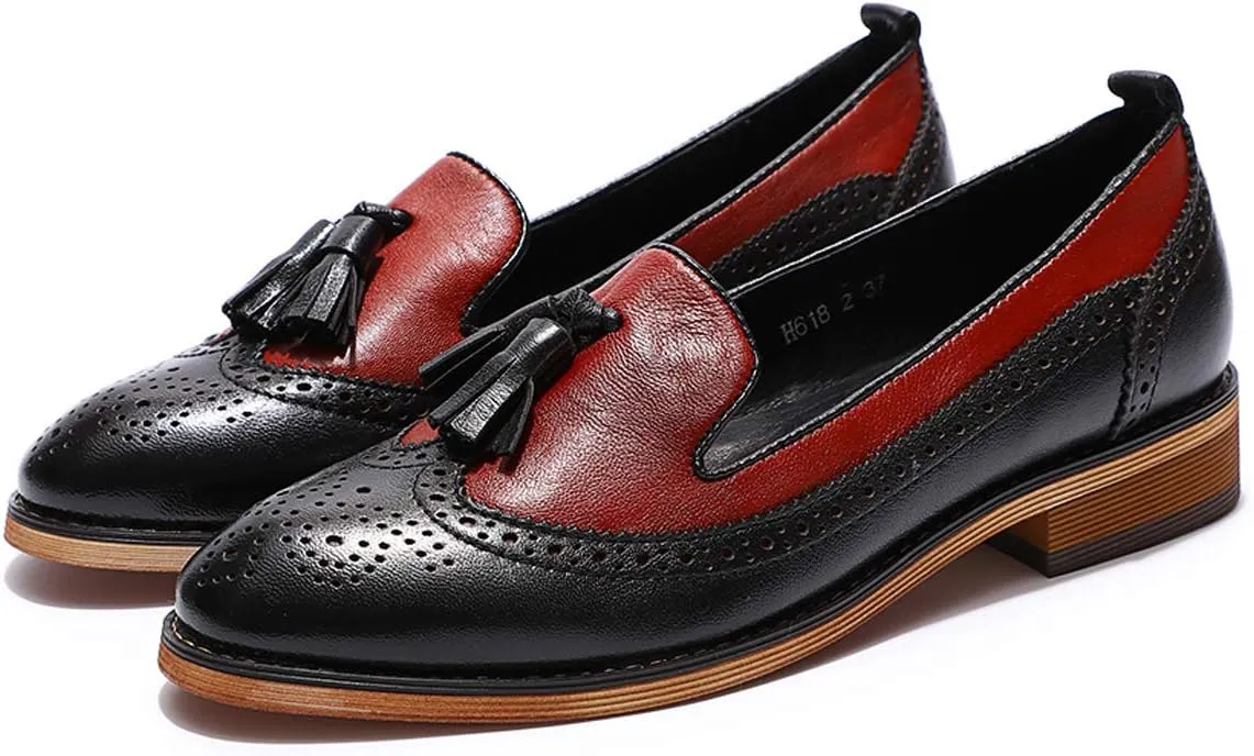 Mona flying Women's Leather Tassel Loafer Slip on Wingtip Brogue Dress Casual Flat Office Work Shoes for Ladies