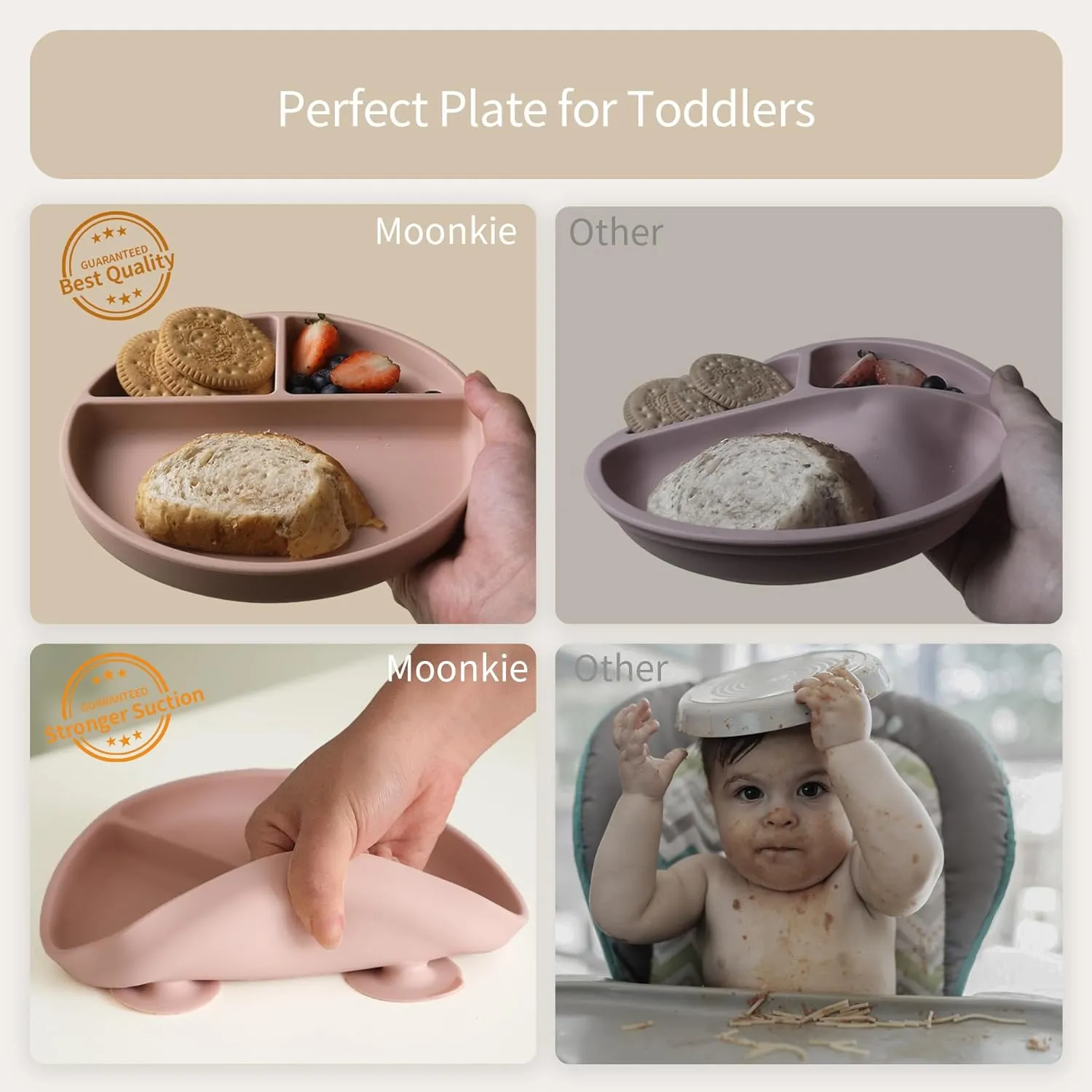 Moonkie Suction Plates for Baby | 100% Silicone BPA-Free Baby Plates with Lids and Food Cover | Divided Design | Microwave and Dishwasher Safe | Toddler Plates 3 Pack
