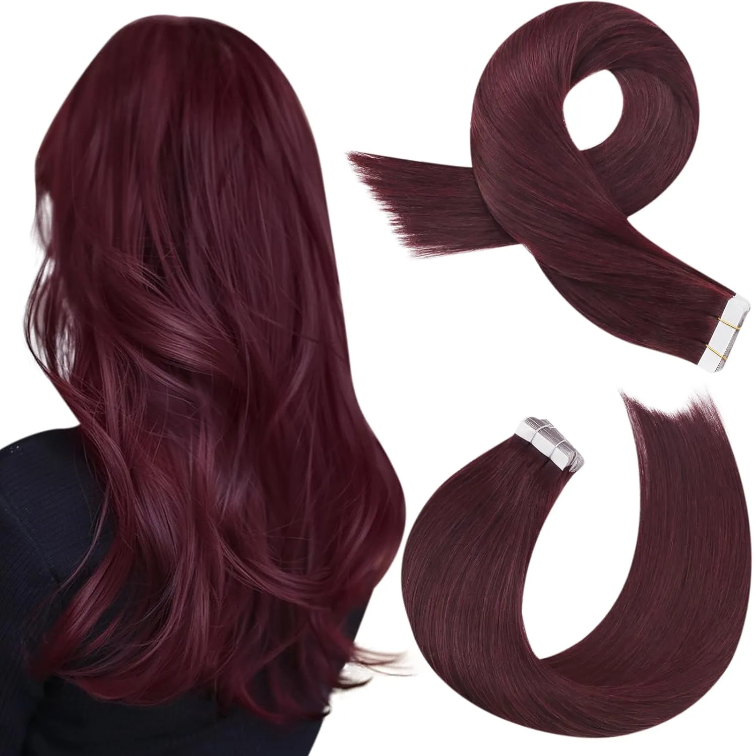 Moresoo Burgundy Tape in Extensions Human Hair Seamless Hair Extensions Tape in Wine Red Glue in Human Hair Extensions Burgundy Extensions Real Human Hair 20 Inch #99J 20pcs 50g