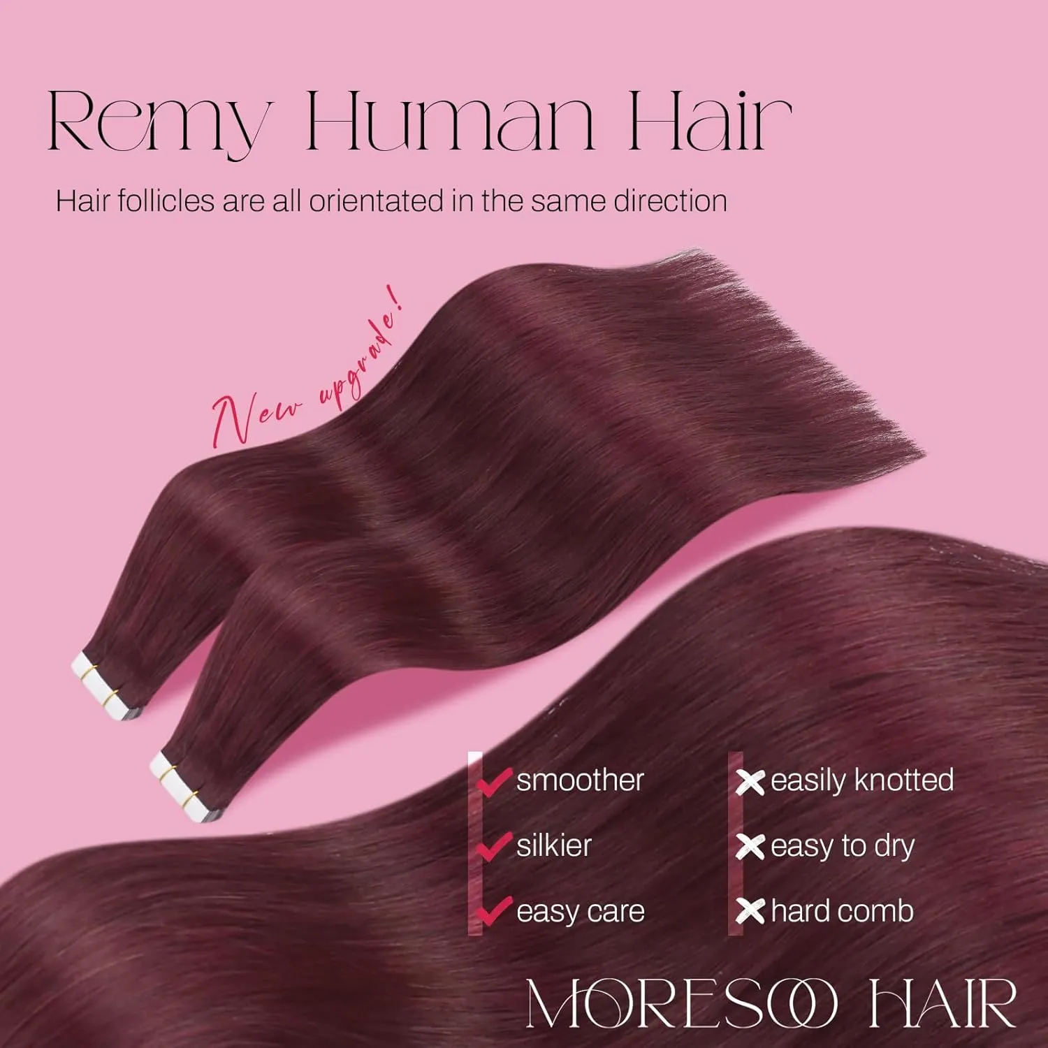 Moresoo Burgundy Tape in Extensions Human Hair Seamless Hair Extensions Tape in Wine Red Glue in Human Hair Extensions Burgundy Extensions Real Human Hair 20 Inch #99J 20pcs 50g