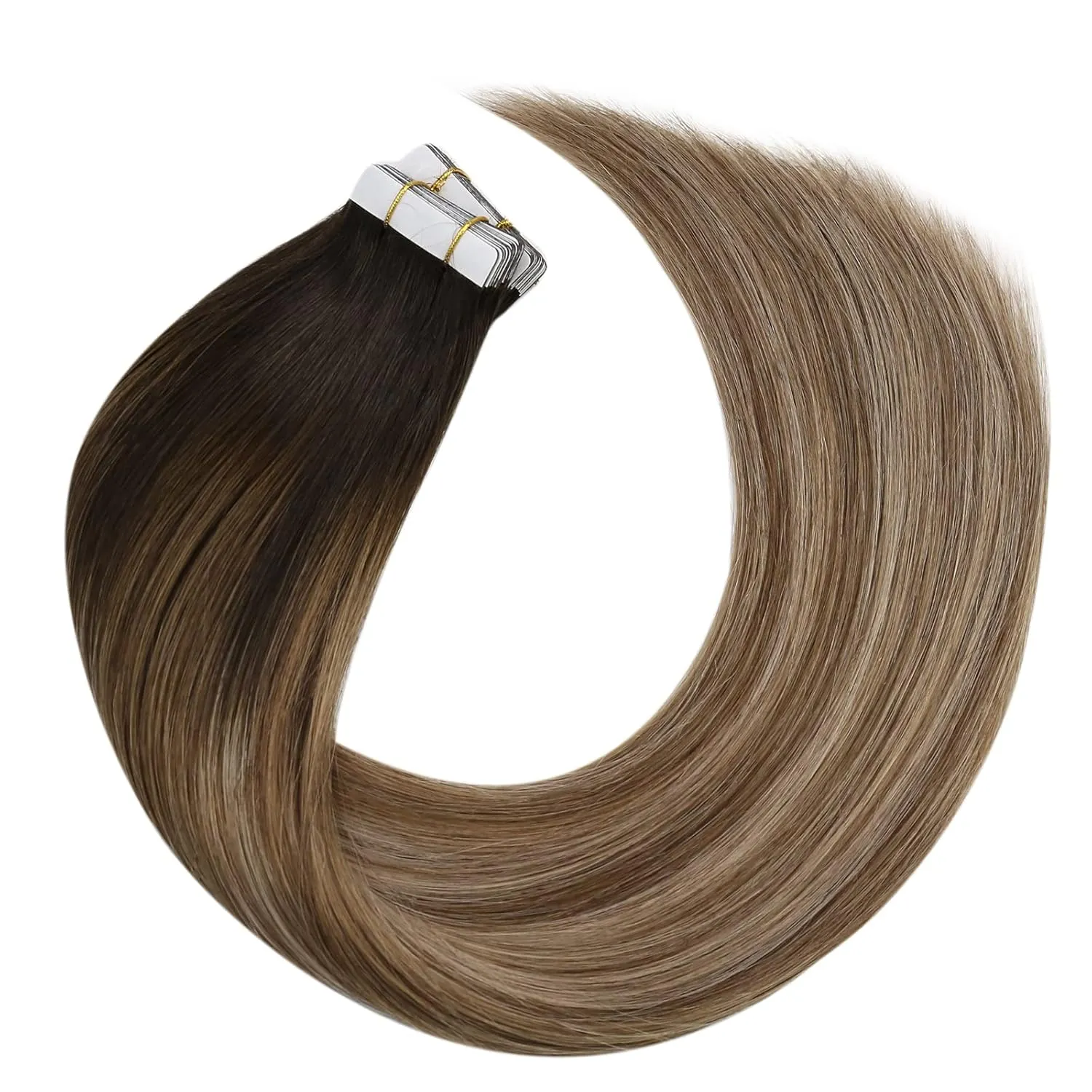 Moresoo Tape in Hair Extensions Human Hair Balayage Dark Brown to Brown Mix with Blonde Tape in Seamless Hair Extensions Human Hair Ombre Hair Extensions Tape in 18 Inch #4/10/16 20pcs 50g