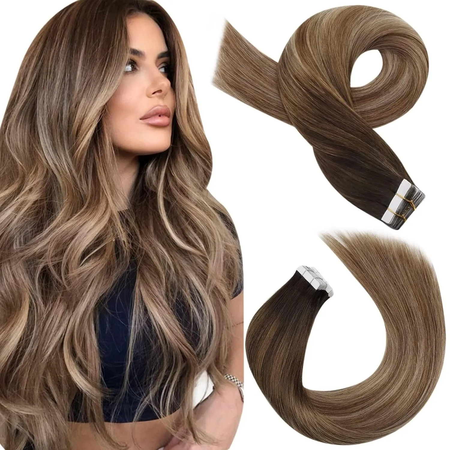 Moresoo Tape in Hair Extensions Human Hair Balayage Dark Brown to Brown Mix with Blonde Tape in Seamless Hair Extensions Human Hair Ombre Hair Extensions Tape in 18 Inch #4/10/16 20pcs 50g
