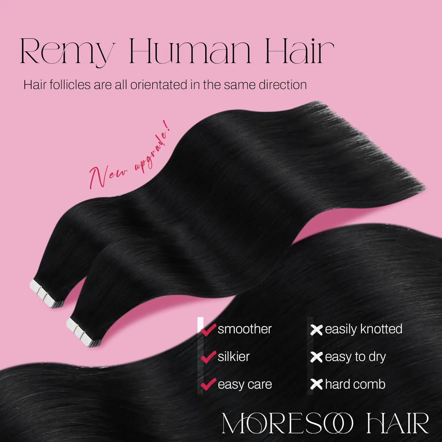 Moresoo Tape in Hair Extensions Human Hair Jet Black Real Hair Tape in Extensions Human Hair Tape in Seamless Hair Extensions Real Human Hair 20 Inch #1 20pcs 50g