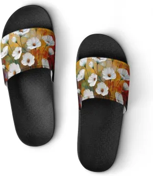 Morning Glory White Flowers Oil Paintings PVC Home Slippers Non-Slip Shower Shoes Casual Bathroom Slippers for Women Men