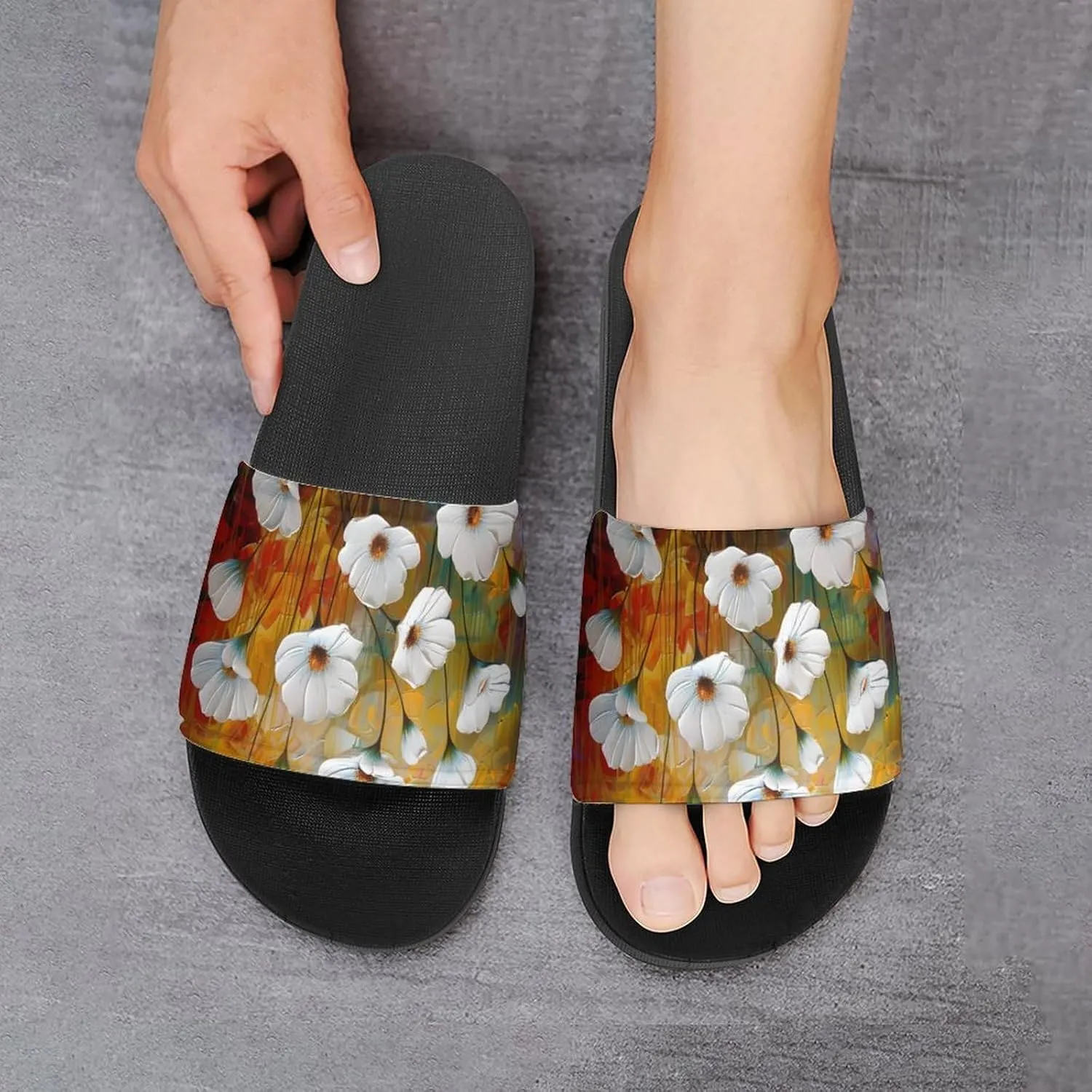 Morning Glory White Flowers Oil Paintings PVC Home Slippers Non-Slip Shower Shoes Casual Bathroom Slippers for Women Men