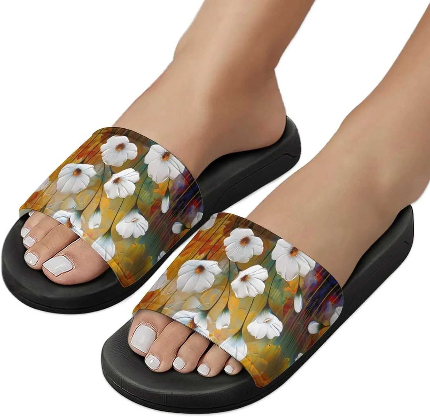 Morning Glory White Flowers Oil Paintings PVC Home Slippers Non-Slip Shower Shoes Casual Bathroom Slippers for Women Men