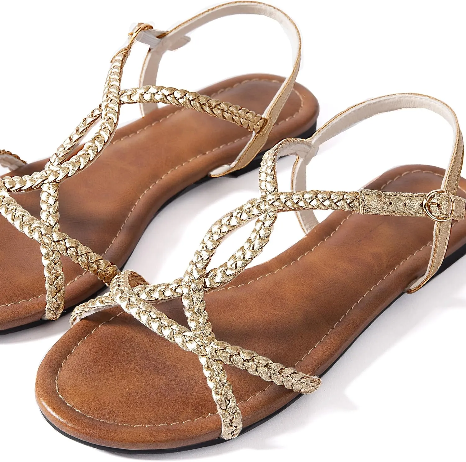 Mtzyoa Women Strappy Flat Sandals Gladiator Dressy Ankle Strap Summer Vacation Comfort Leather Ladies Casual Party Trendy