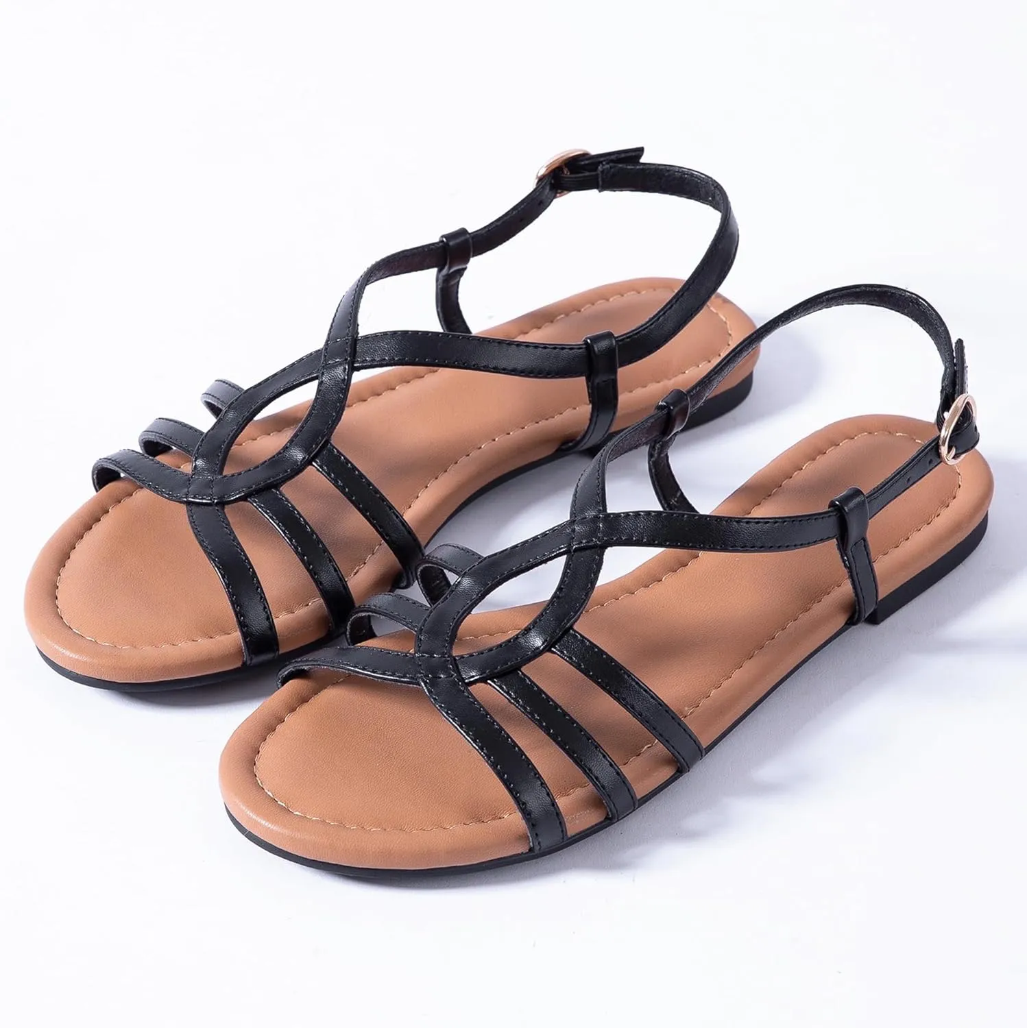 Mtzyoa Women Strappy Flat Sandals Gladiator Dressy Ankle Strap Summer Vacation Comfort Leather Ladies Casual Party Trendy