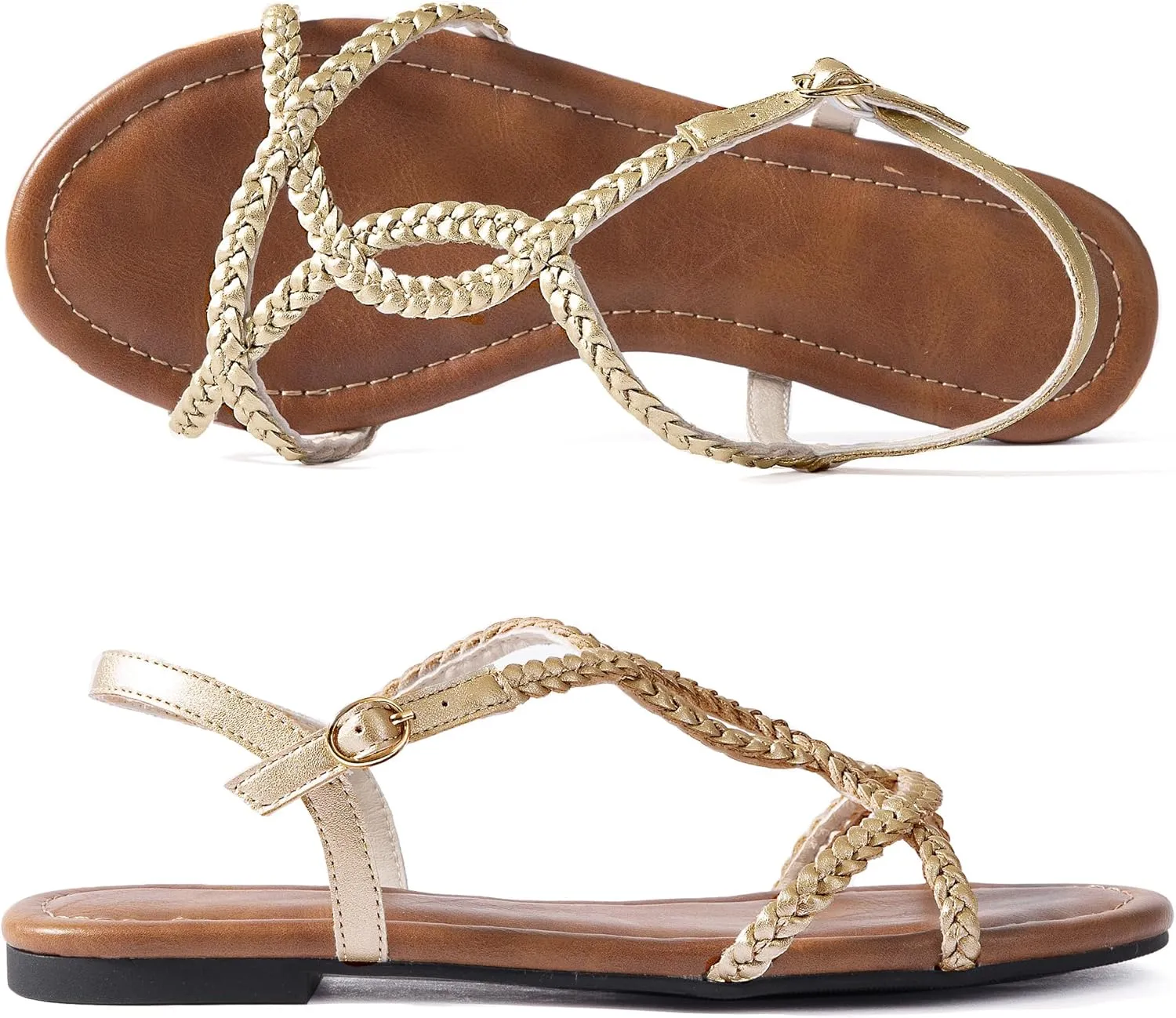 Mtzyoa Women Strappy Flat Sandals Gladiator Dressy Ankle Strap Summer Vacation Comfort Leather Ladies Casual Party Trendy