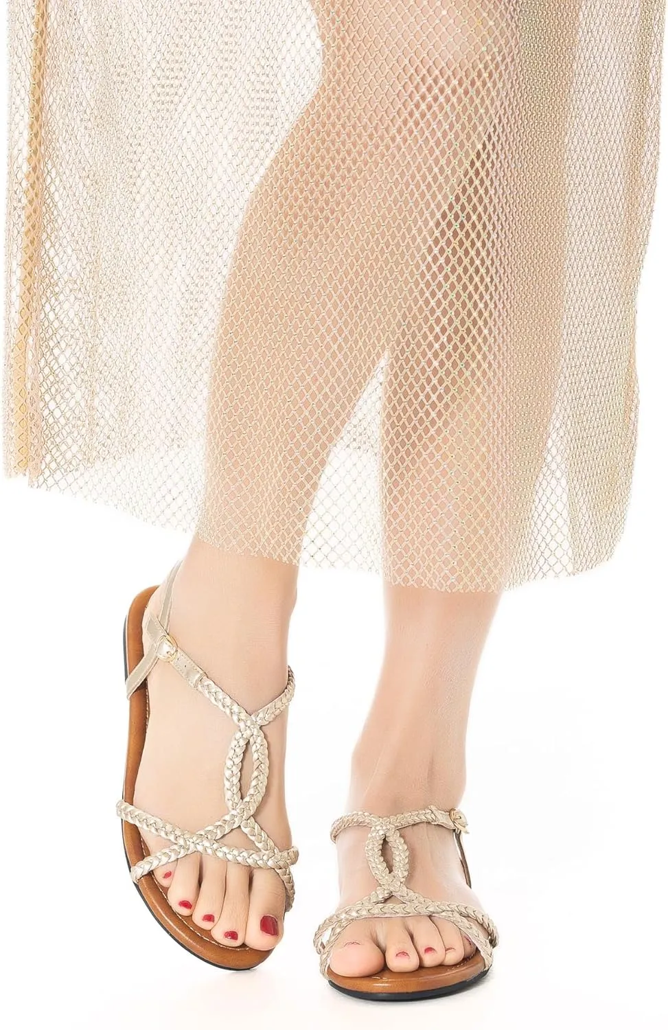 Mtzyoa Women Strappy Flat Sandals Gladiator Dressy Ankle Strap Summer Vacation Comfort Leather Ladies Casual Party Trendy