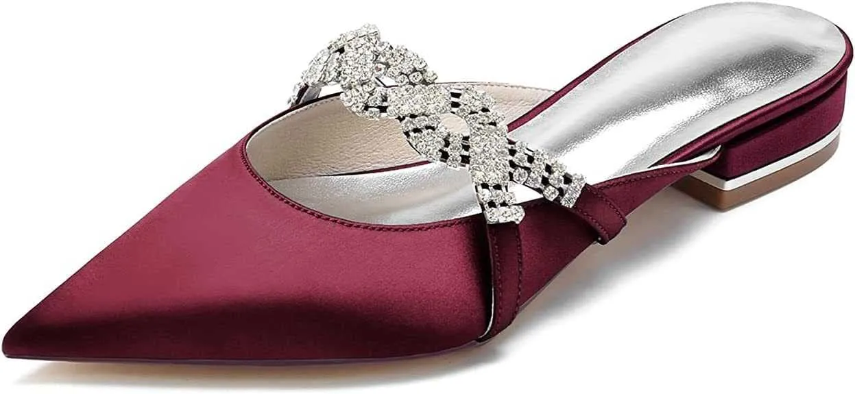 Mules for Women Flats Comfortable Pointed Closed Toe Women Mules Toe Pull On Bridal Shoes Ballet Flats Satin Rhinestone Flat Heel