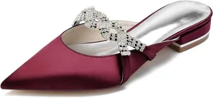 Mules for Women Flats Comfortable Pointed Closed Toe Women Mules Toe Pull On Bridal Shoes Ballet Flats Satin Rhinestone Flat Heel
