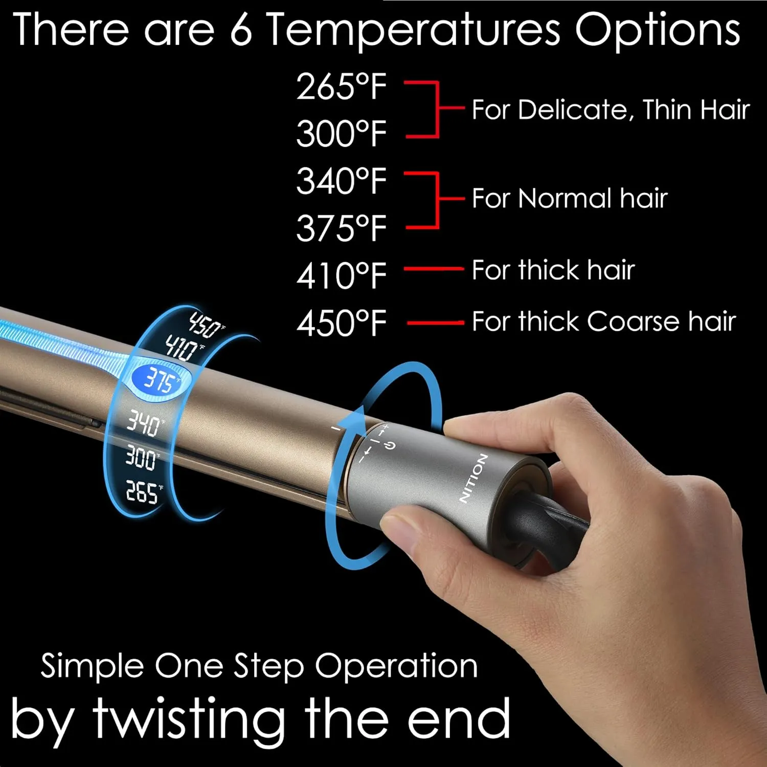 NITION Ceramic Tourmaline Hair Straighteners LCD Flat Iron MCH Fast Heating Up. Healthy Home Straightening Styling Tools with Travel Pouch Bag. 265-450°F Adjustable. 1" Smooth 3D Plate. Dual Voltage