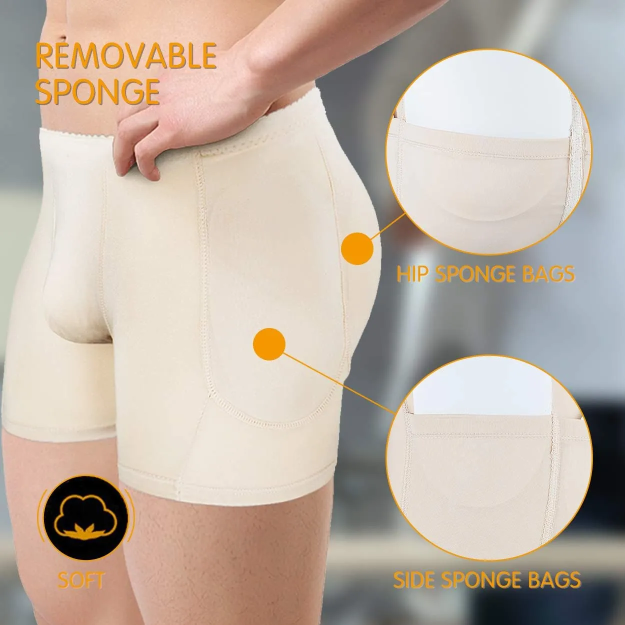 NonEcho Men Padded Underwear Briefs Boxers Men Butt Booster Hip Enhancer 4 Detachable Pads