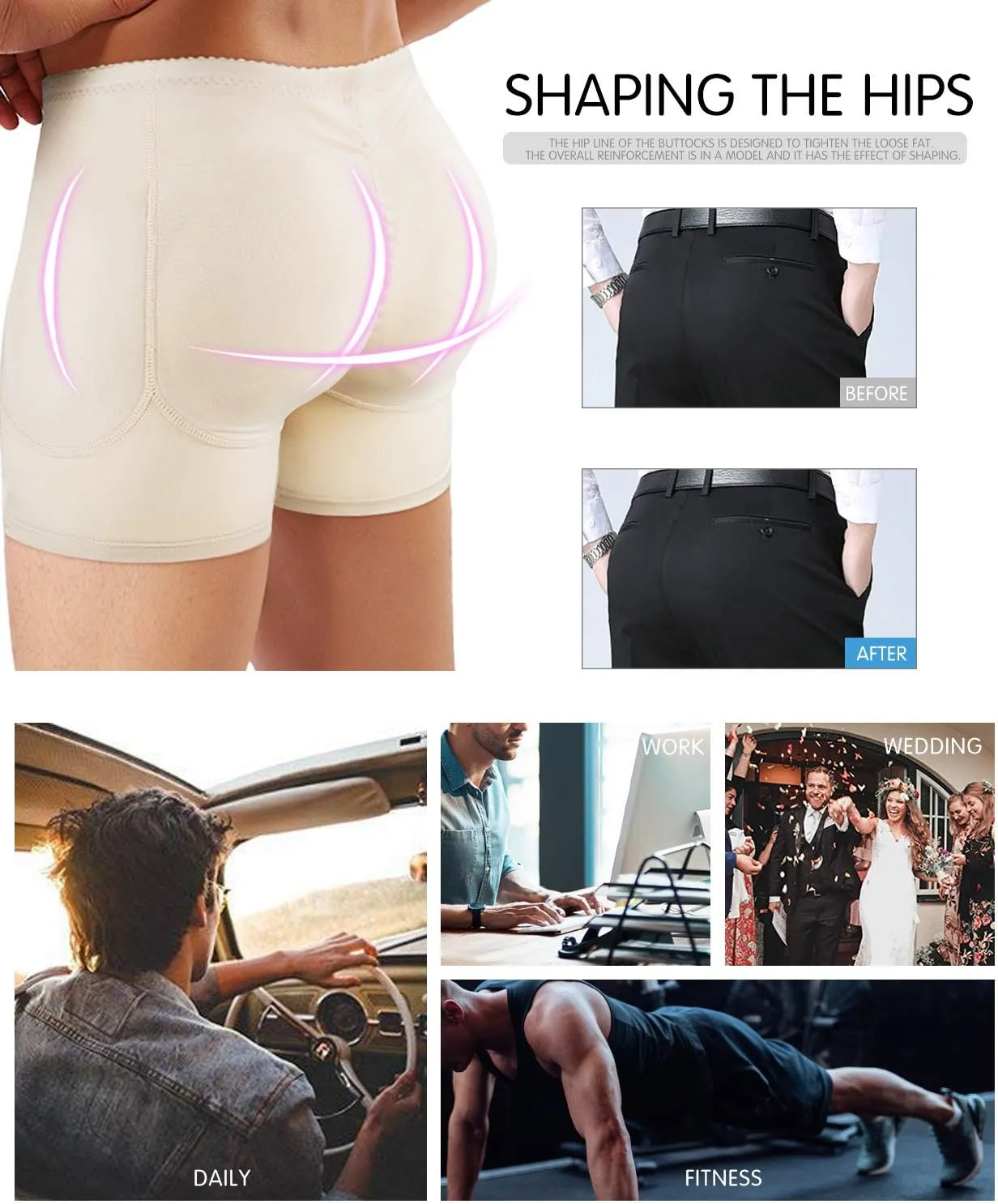 NonEcho Men Padded Underwear Briefs Boxers Men Butt Booster Hip Enhancer 4 Detachable Pads
