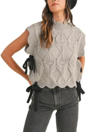 NUFIWI Womens Y2K Ribbon Bow Sweater Vest Chunky Cap Sleeve Knit Vest with Bows Casual Lace Up Bandage Crochet Knit Tank