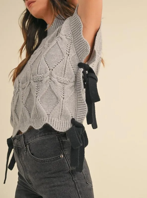 NUFIWI Womens Y2K Ribbon Bow Sweater Vest Chunky Cap Sleeve Knit Vest with Bows Casual Lace Up Bandage Crochet Knit Tank