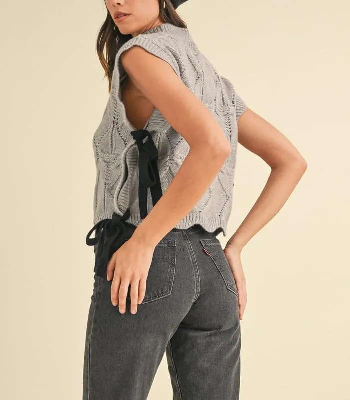 NUFIWI Womens Y2K Ribbon Bow Sweater Vest Chunky Cap Sleeve Knit Vest with Bows Casual Lace Up Bandage Crochet Knit Tank