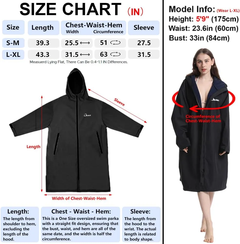 Oksun Oversized Waterproof Swim Parka: Windproof Warm Swimming Coat - Water Resistant Jacket - Thin Fleece Lined Surf Poncho
