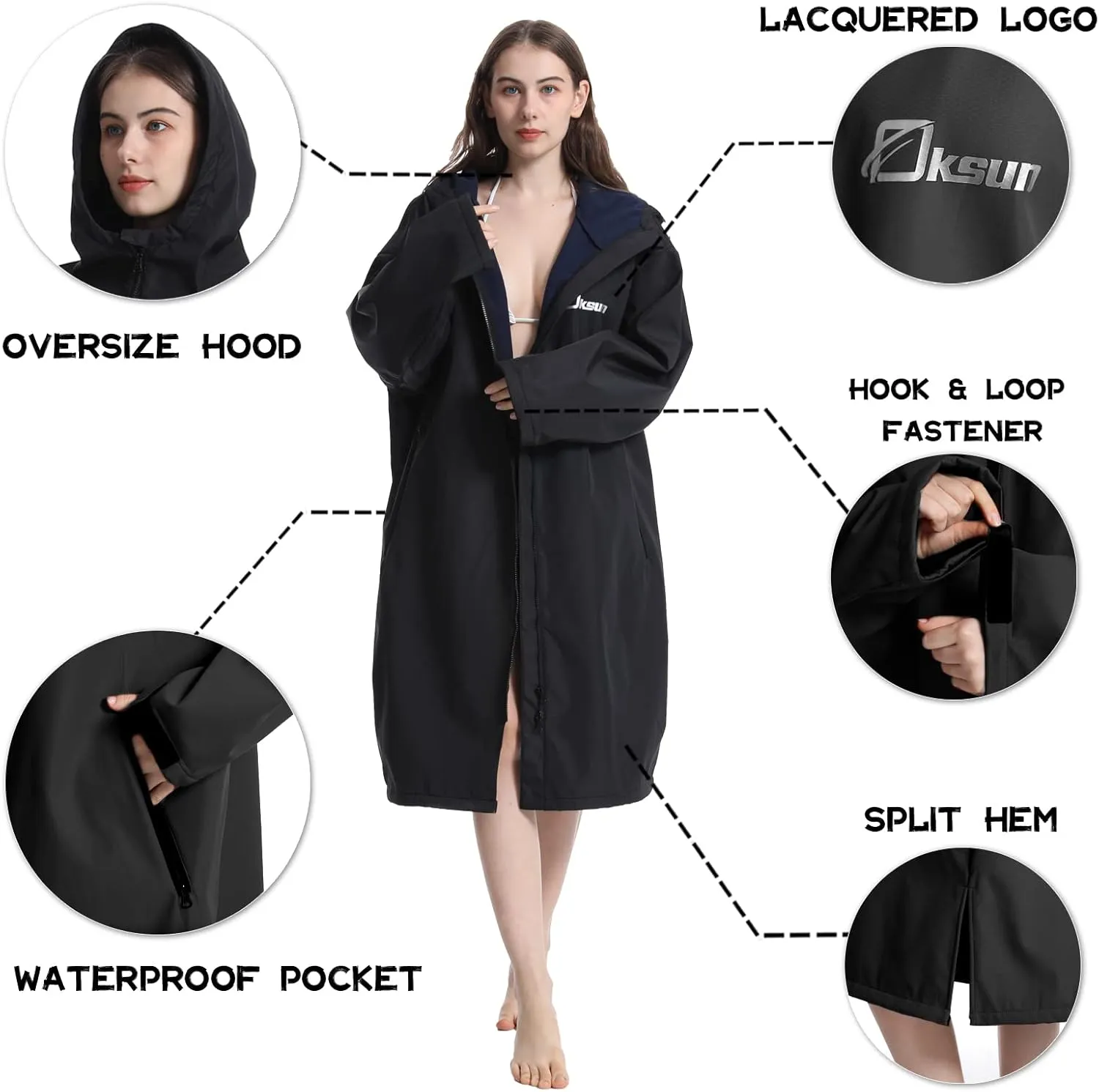 Oksun Oversized Waterproof Swim Parka: Windproof Warm Swimming Coat - Water Resistant Jacket - Thin Fleece Lined Surf Poncho