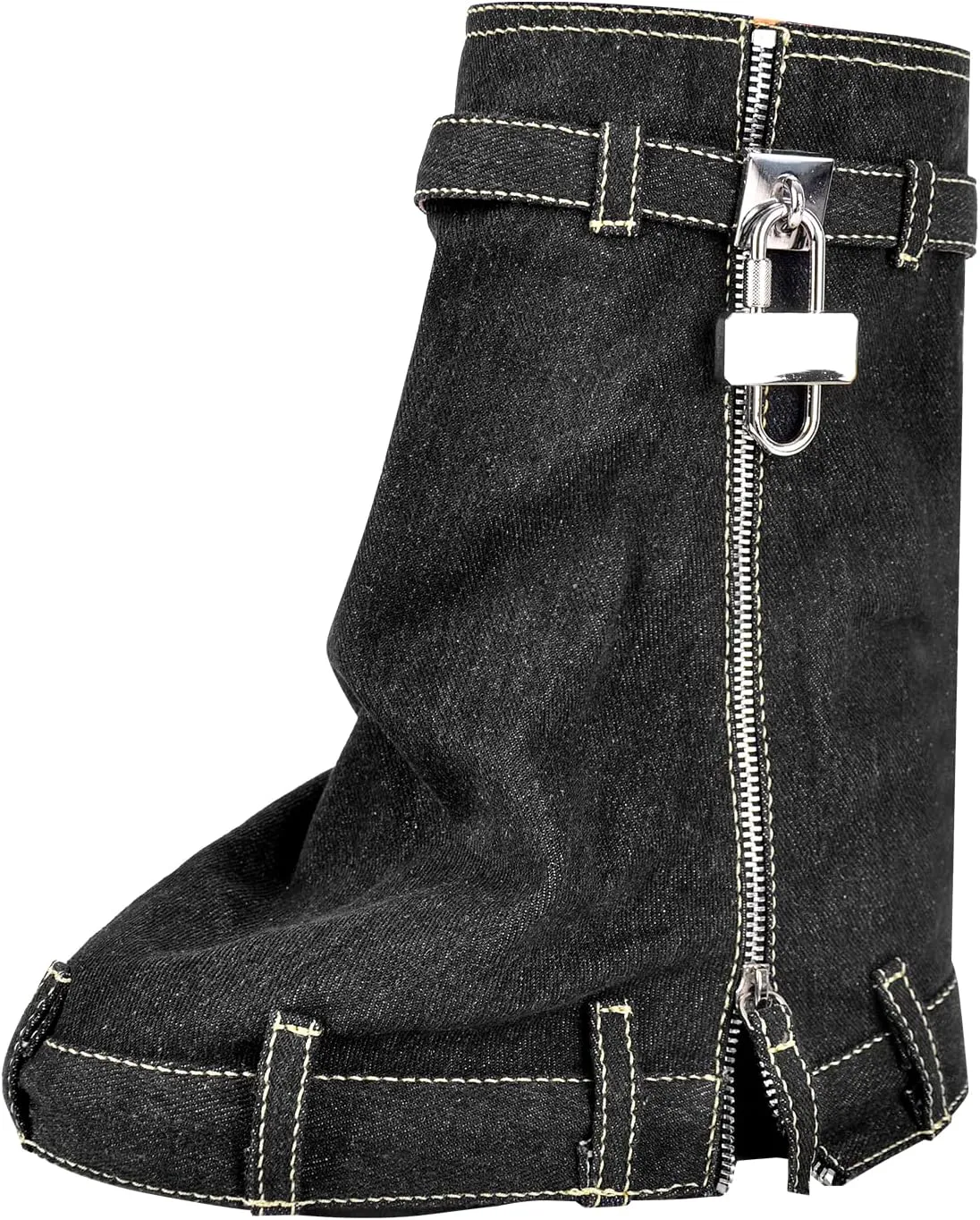 onlymaker Denim Canvas Wedge Platform Calf Boots Round Toe Pull-up Padlock Fold over Booties