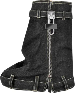 onlymaker Denim Canvas Wedge Platform Calf Boots Round Toe Pull-up Padlock Fold over Booties