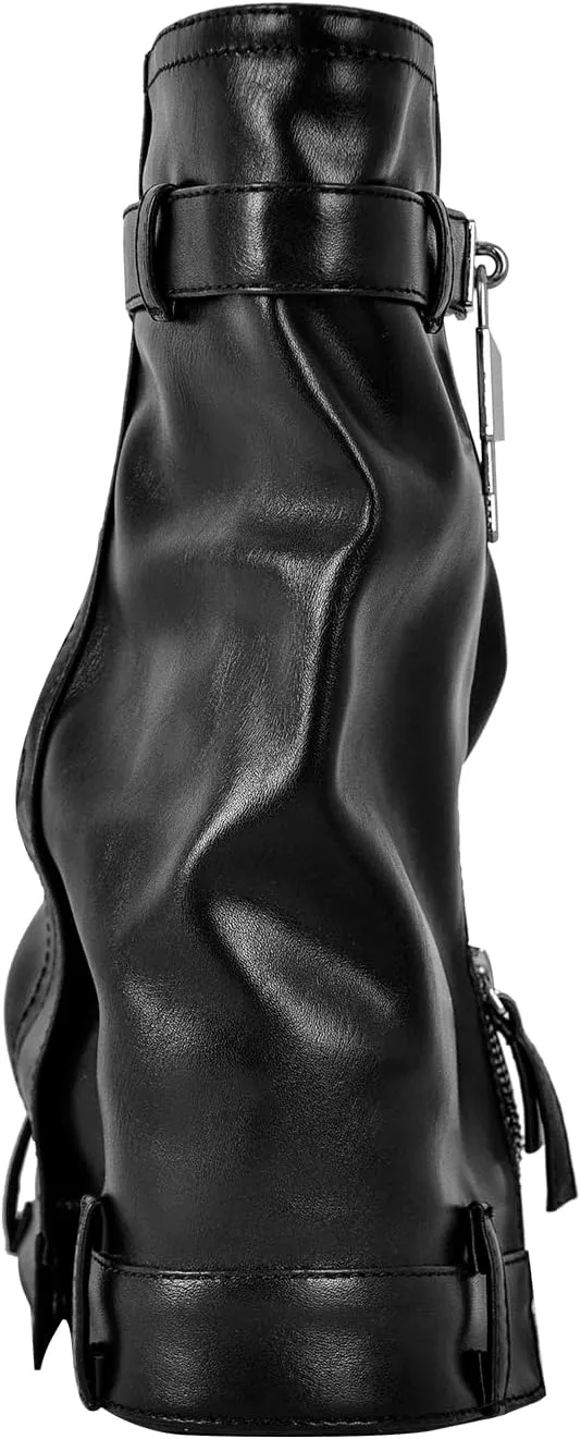 onlymaker Denim Canvas Wedge Platform Calf Boots Round Toe Pull-up Padlock Fold over Booties
