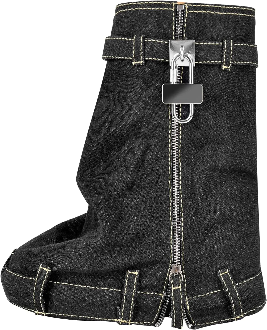 onlymaker Denim Canvas Wedge Platform Calf Boots Round Toe Pull-up Padlock Fold over Booties
