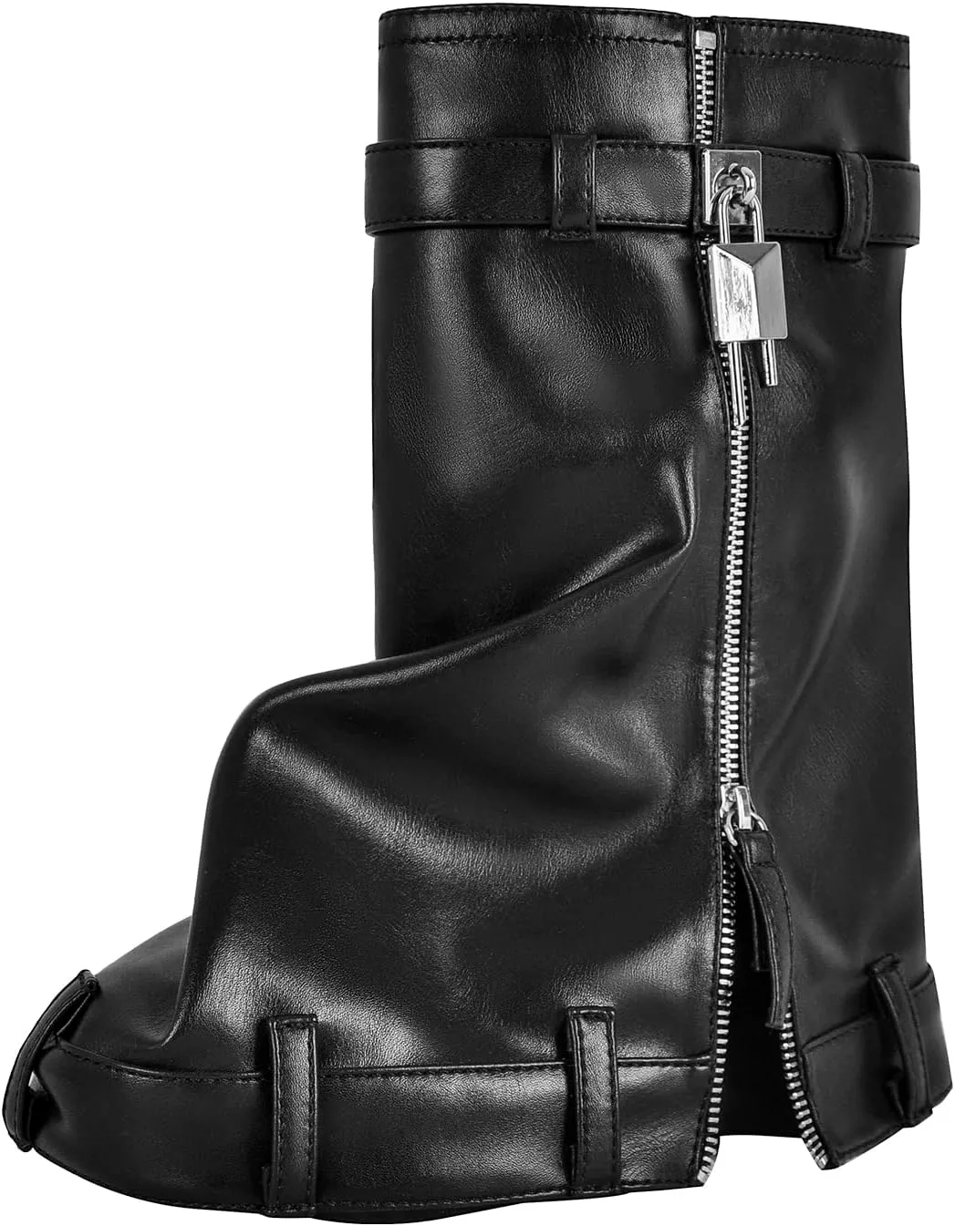 onlymaker Denim Canvas Wedge Platform Calf Boots Round Toe Pull-up Padlock Fold over Booties