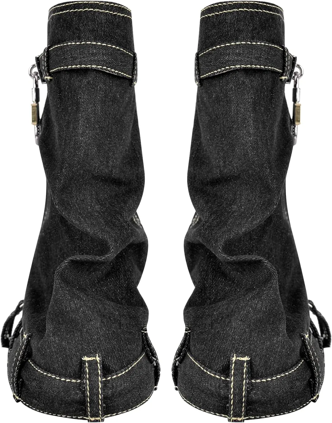 onlymaker Denim Canvas Wedge Platform Calf Boots Round Toe Pull-up Padlock Fold over Booties
