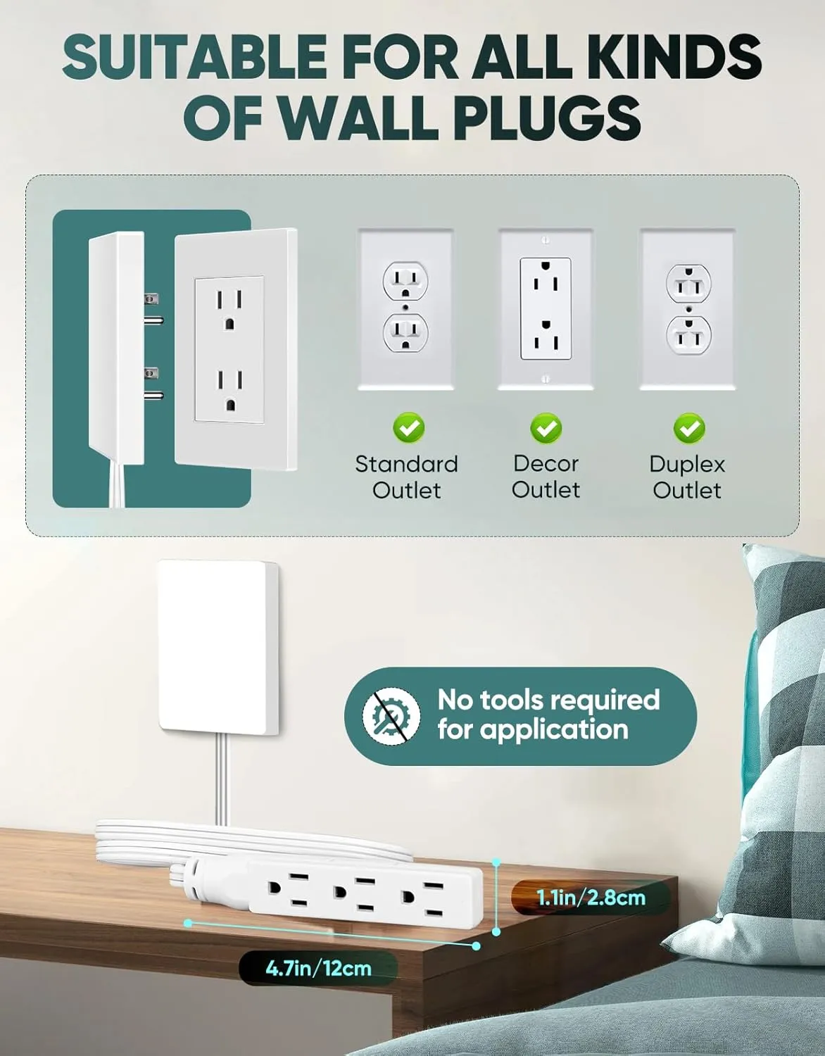 Outlet Concealer Power Strip-Outlet Cover Extender with 3AC Outlets-10ft Flat Plug Extension Cord,Universal Size,1625W for Kitchen, Home and Office,Child & Pet Safe(10 Foot)