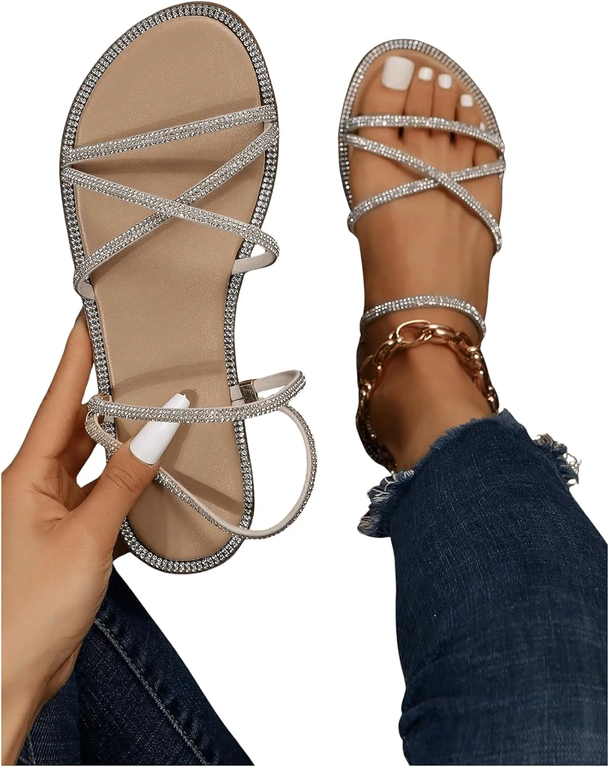 OYOANGLE Women's Rhinestone Strappy Open Toe Slide Sandals Slip on Casual Flat Sandals