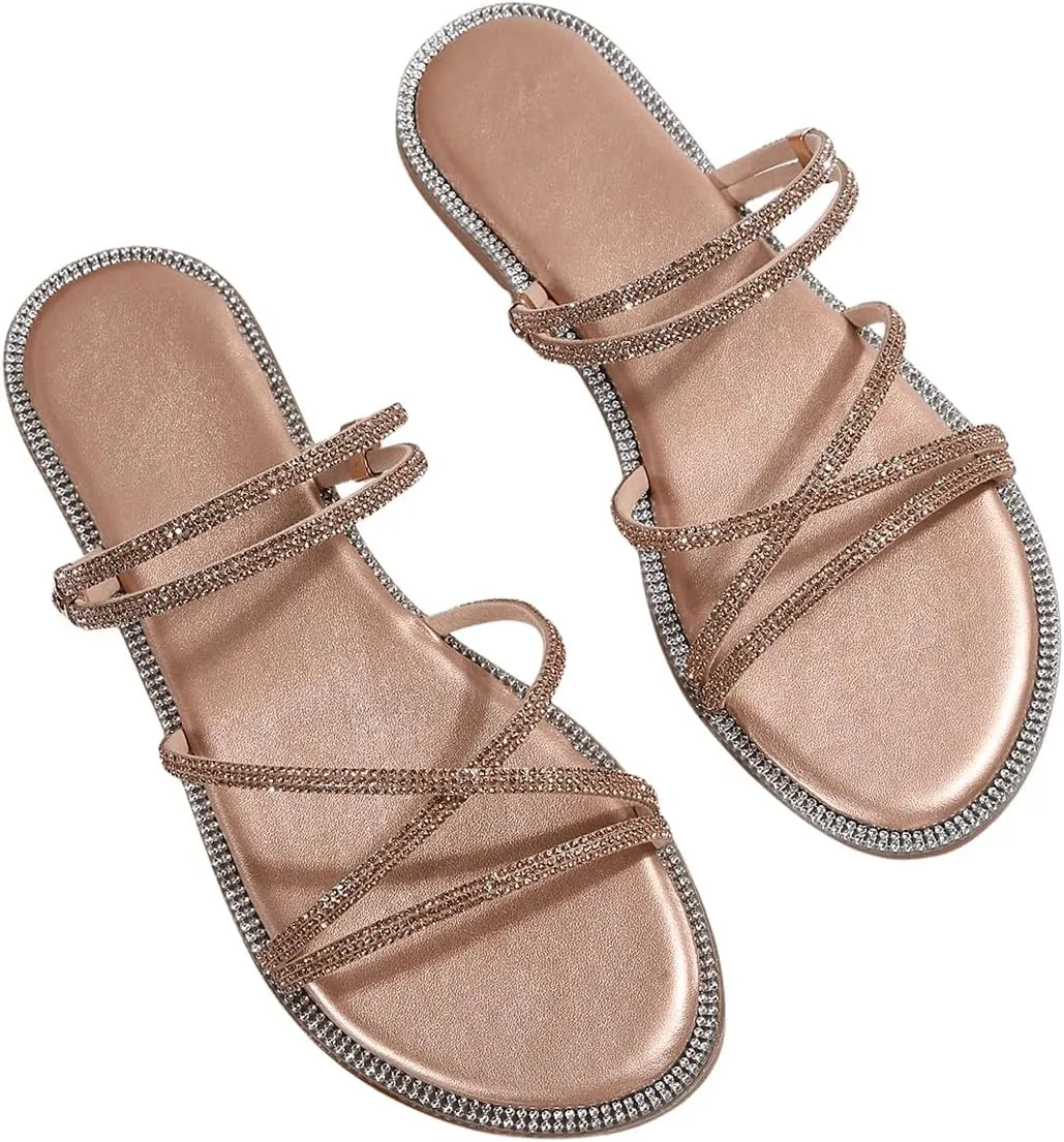OYOANGLE Women's Rhinestone Strappy Open Toe Slide Sandals Slip on Casual Flat Sandals