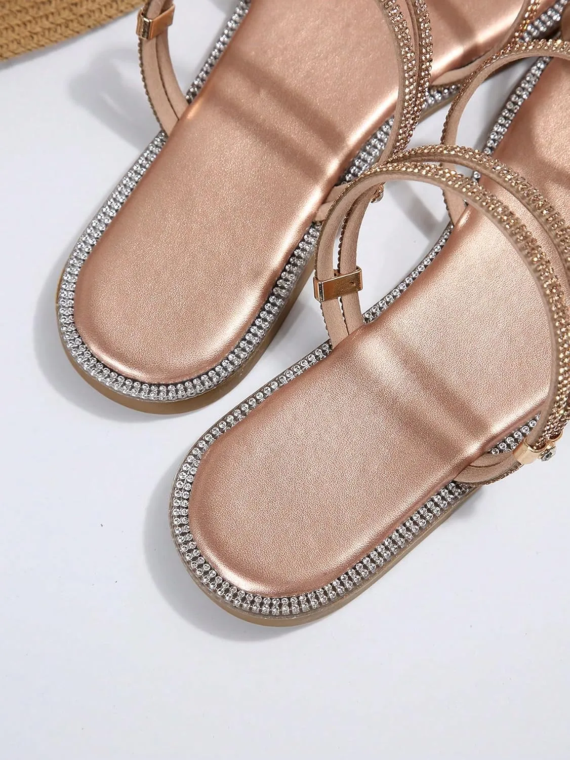 OYOANGLE Women's Rhinestone Strappy Open Toe Slide Sandals Slip on Casual Flat Sandals
