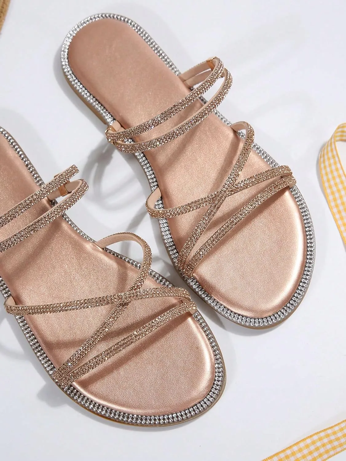 OYOANGLE Women's Rhinestone Strappy Open Toe Slide Sandals Slip on Casual Flat Sandals