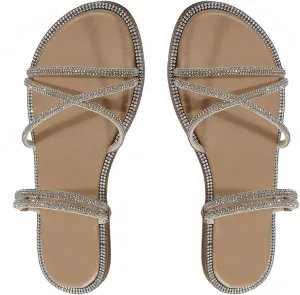 OYOANGLE Women's Rhinestone Strappy Open Toe Slide Sandals Slip on Casual Flat Sandals