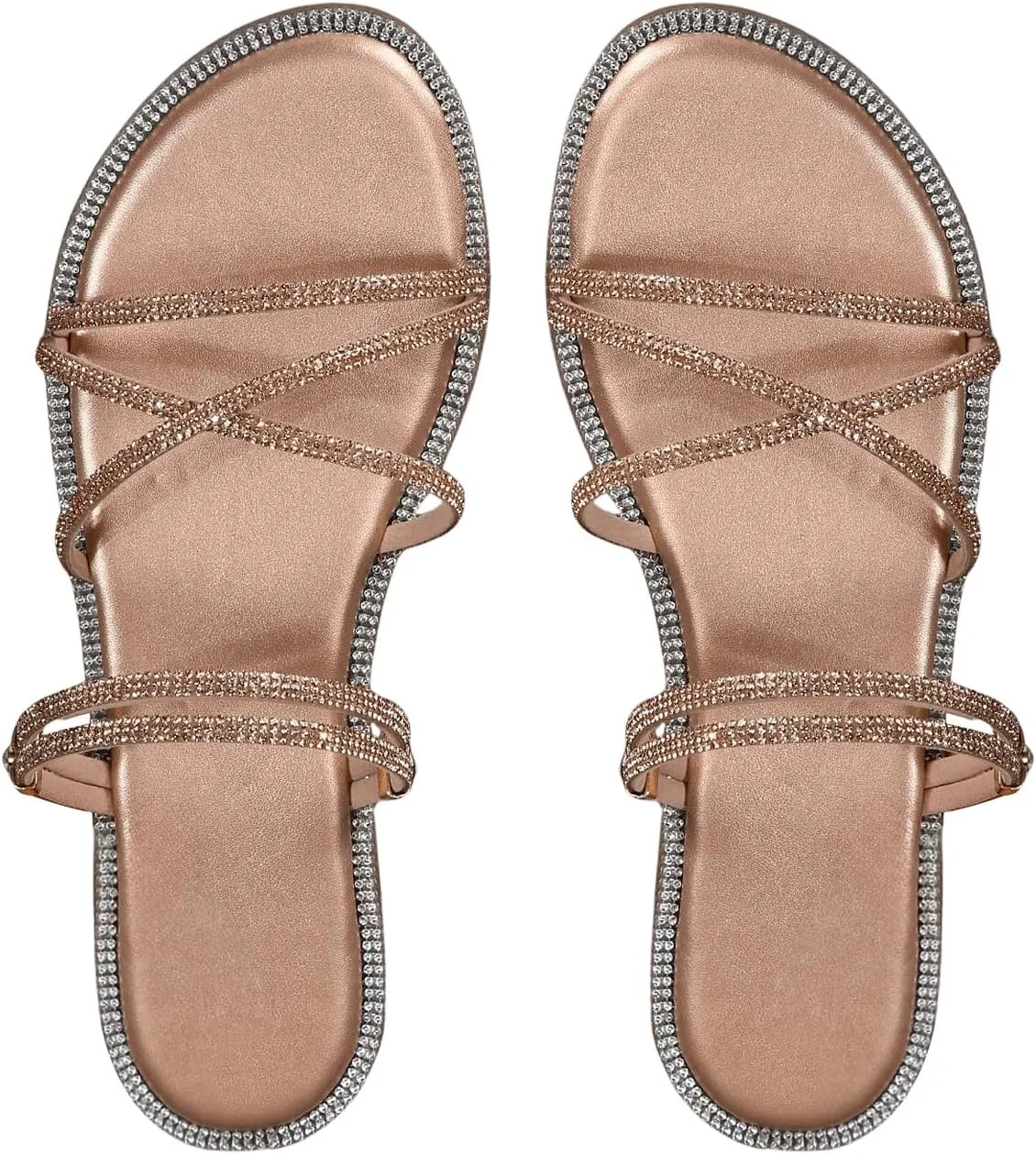 OYOANGLE Women's Rhinestone Strappy Open Toe Slide Sandals Slip on Casual Flat Sandals