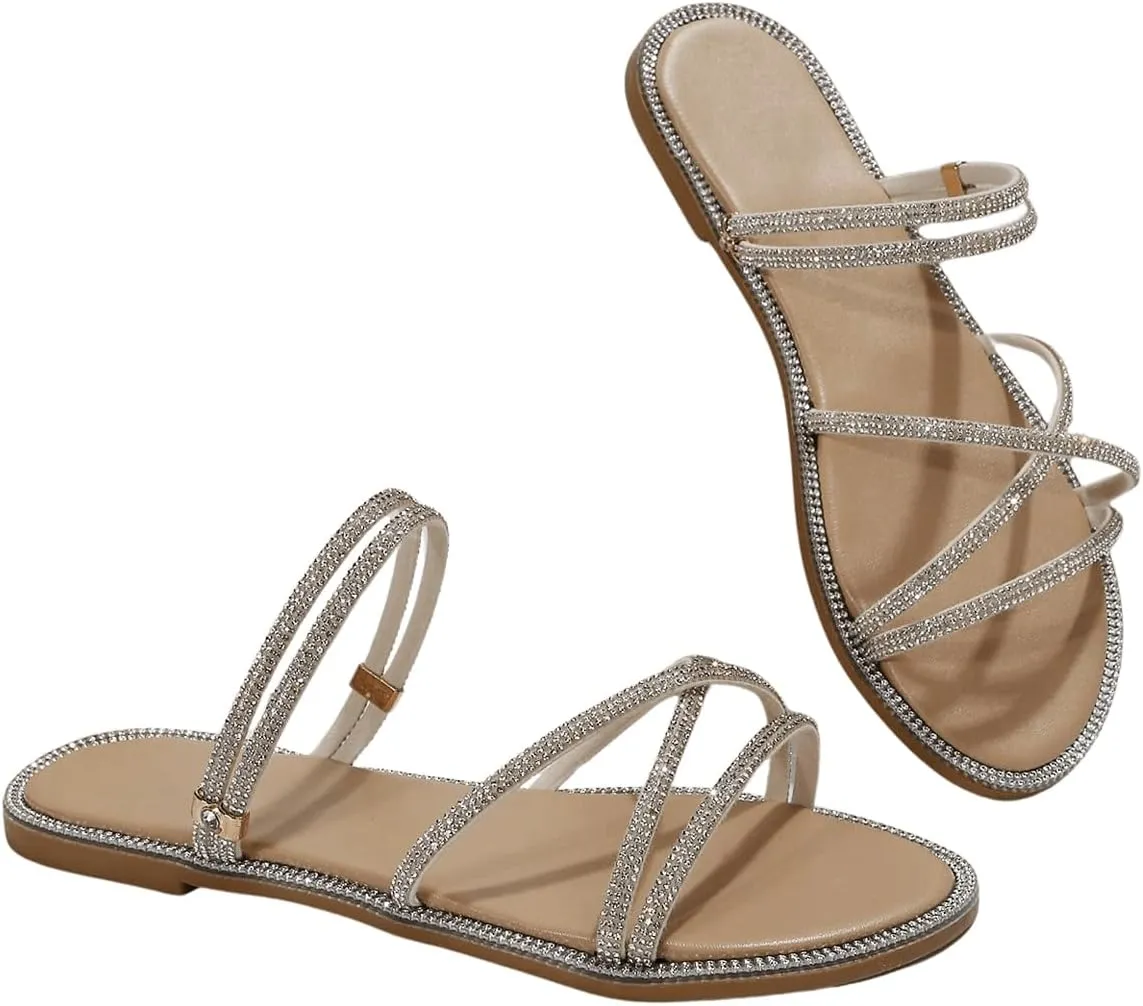 OYOANGLE Women's Rhinestone Strappy Open Toe Slide Sandals Slip on Casual Flat Sandals