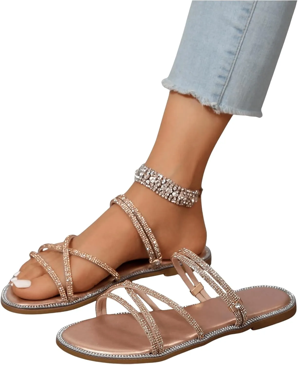 OYOANGLE Women's Rhinestone Strappy Open Toe Slide Sandals Slip on Casual Flat Sandals
