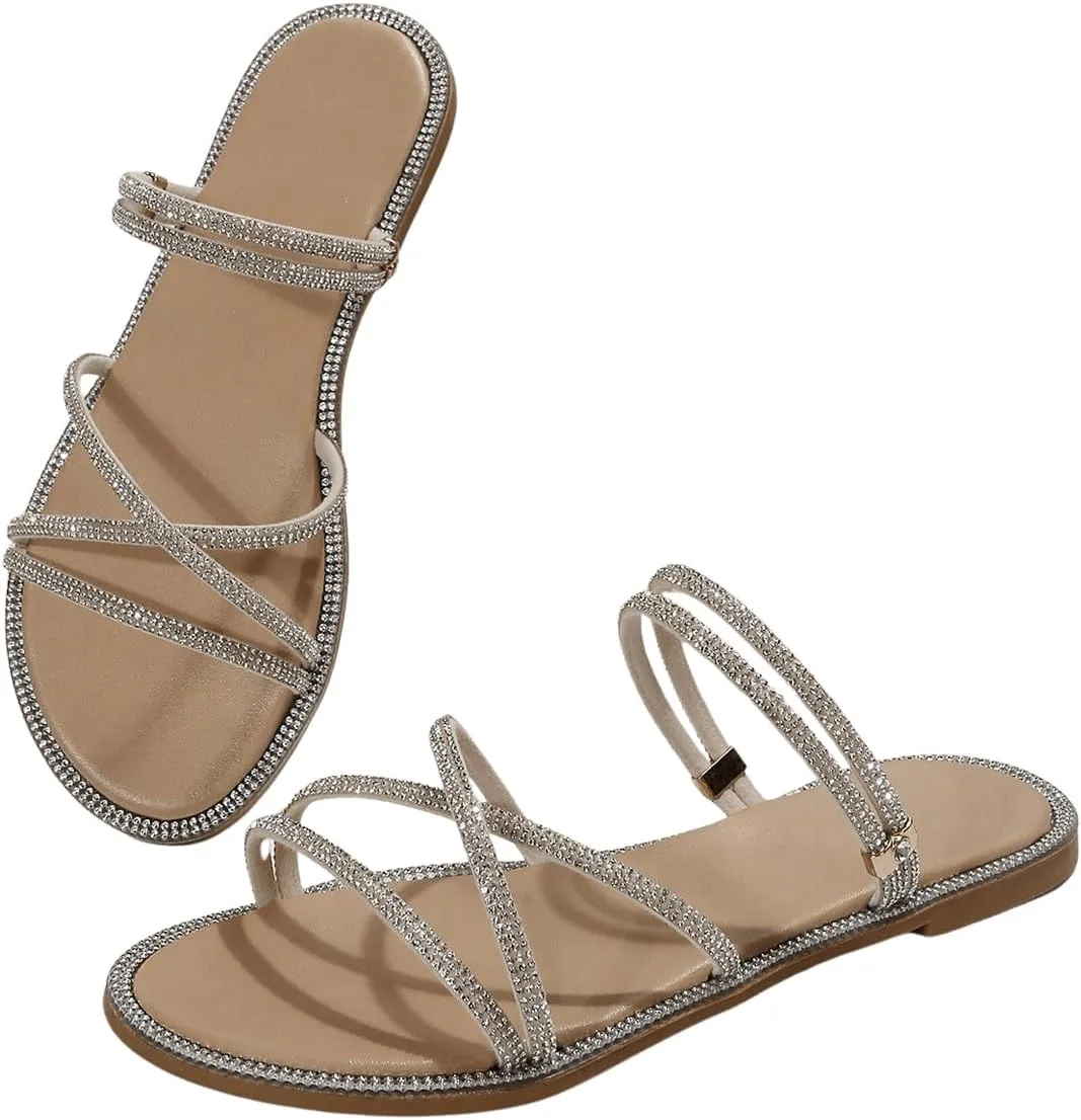 OYOANGLE Women's Rhinestone Strappy Open Toe Slide Sandals Slip on Casual Flat Sandals
