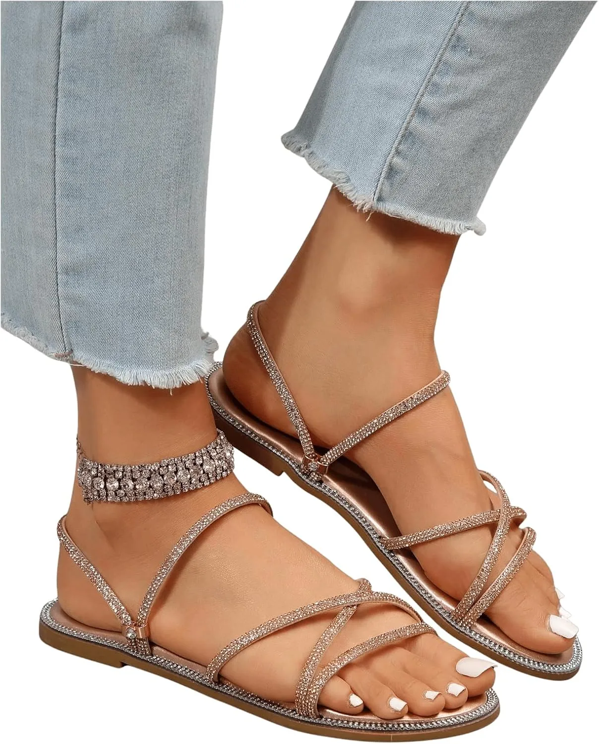 OYOANGLE Women's Rhinestone Strappy Open Toe Slide Sandals Slip on Casual Flat Sandals