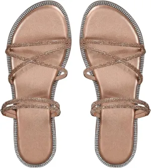 OYOANGLE Women's Rhinestone Strappy Open Toe Slide Sandals Slip on Casual Flat Sandals