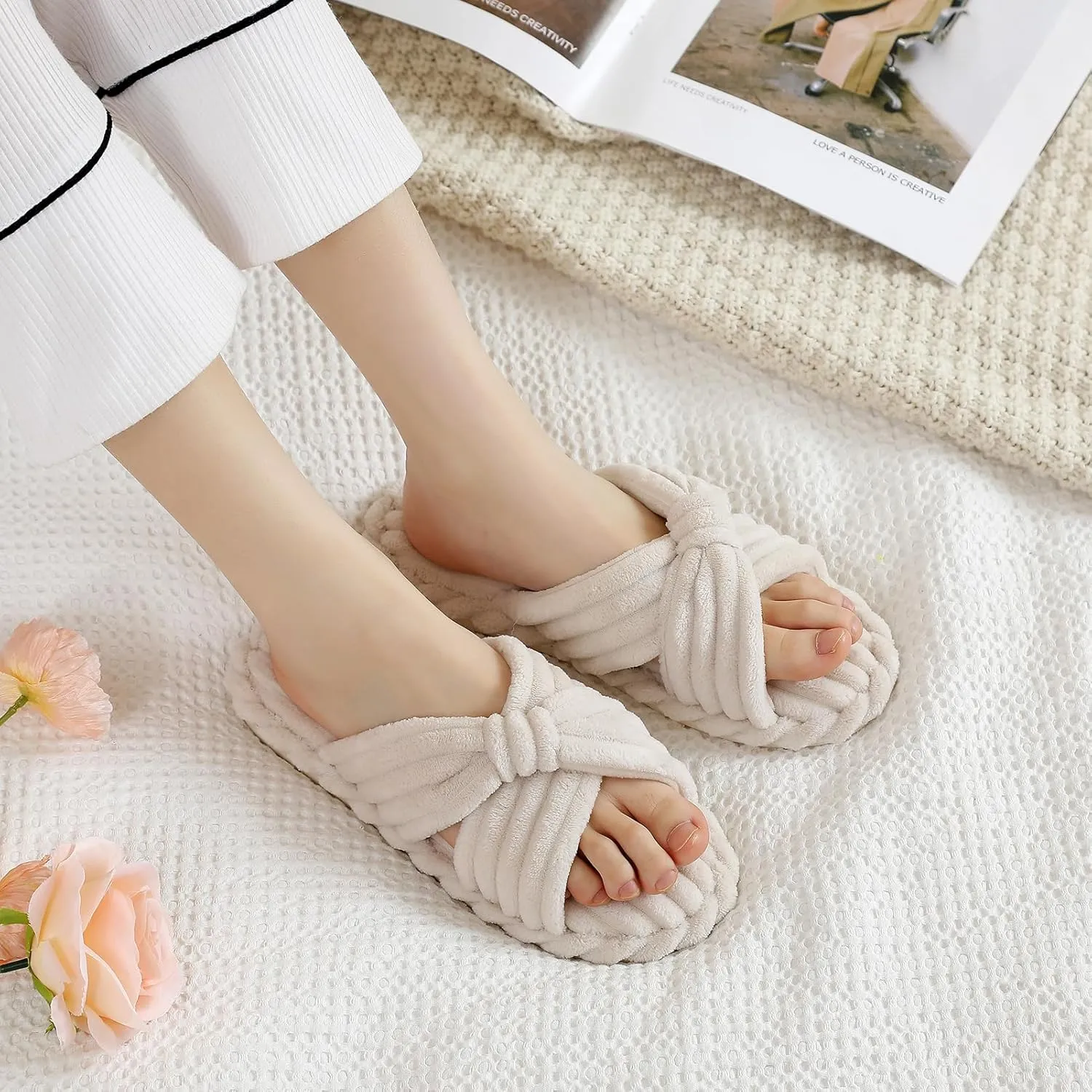 Parlovable Slippers for Women Memory Foam Slippers, Bow Cross Band Open Toe Corduroy House Shoes with Arch Support for Bedroom Spa Indoor Cozy Comfy