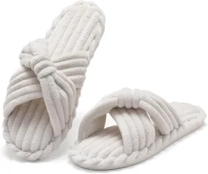 Parlovable Slippers for Women Memory Foam Slippers, Bow Cross Band Open Toe Corduroy House Shoes with Arch Support for Bedroom Spa Indoor Cozy Comfy