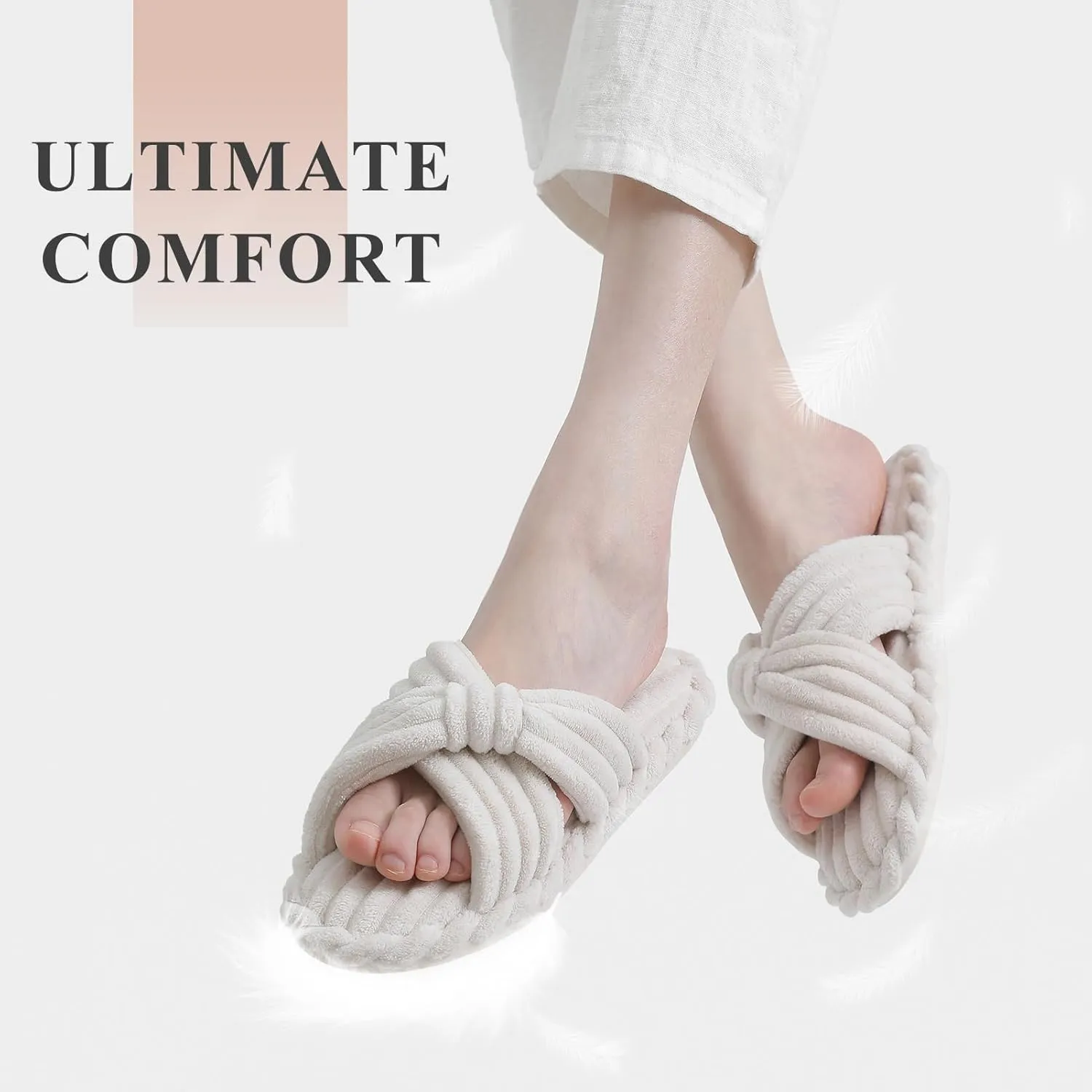 Parlovable Slippers for Women Memory Foam Slippers, Bow Cross Band Open Toe Corduroy House Shoes with Arch Support for Bedroom Spa Indoor Cozy Comfy