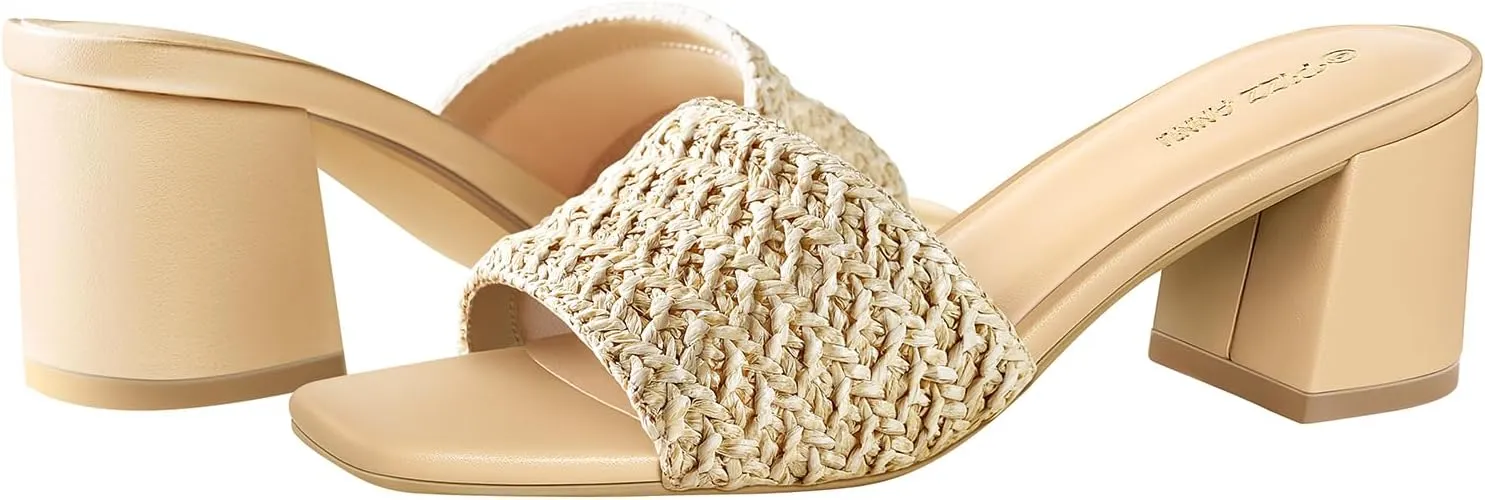 PIZZ ANNU Women's Square Open Toe Heels Sandals Low Block Chunky Heeled Sandal Slip on Mules Comfortable Casual Dress Pumps Shoes