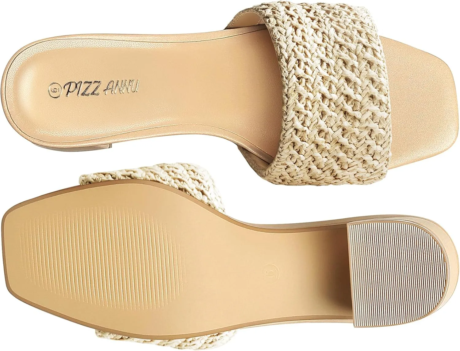 PIZZ ANNU Women's Square Open Toe Heels Sandals Low Block Chunky Heeled Sandal Slip on Mules Comfortable Casual Dress Pumps Shoes